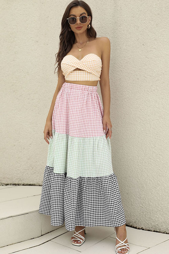 Picnics in Paradise Plaid Strapless Top and Tiered Skirt Set - Cheeky Chic Boutique
