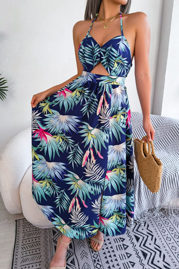PRE-ORDER Botanical Print Tied Backless Cutout Slit Dress - Cheeky Chic Boutique
