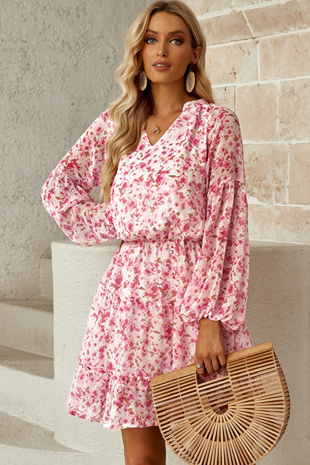 Floral Frill Trim Puff Sleeve Notched Neck Dress - Cheeky Chic Boutique