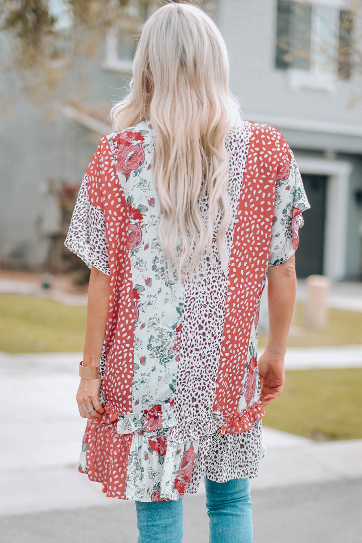 Mixed Print Ruffle Hem Kimono - Cheeky Chic Boutique