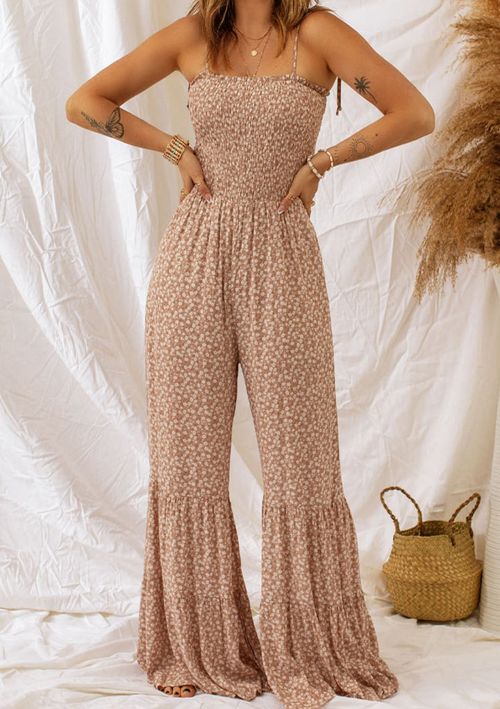 PRE-ORDER Floral Spaghetti Strap Smocked Wide Leg Jumpsuit - Cheeky Chic Boutique