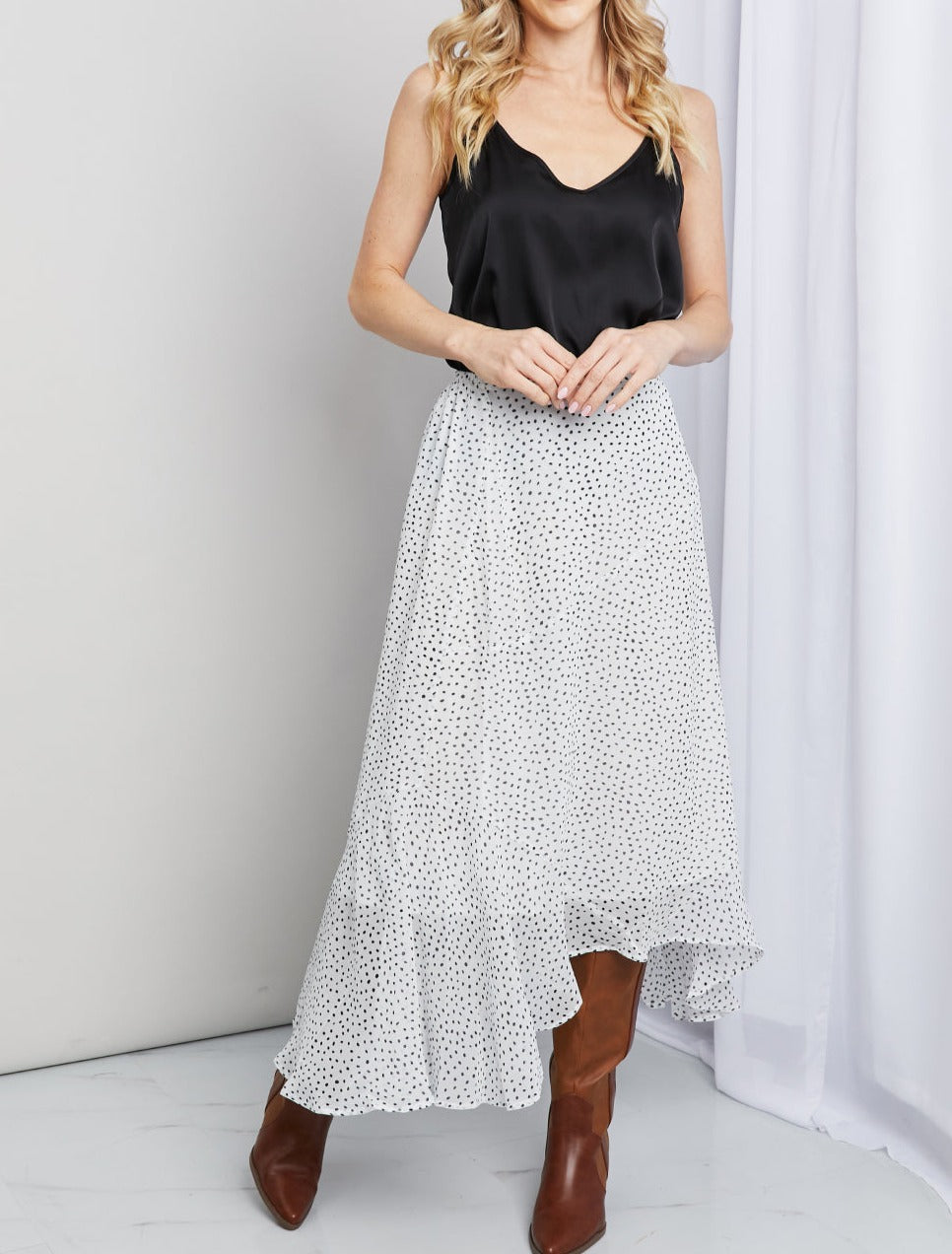 Zenana Polka Dot Ruffle Hem Midi Skirt in Ivory/Black - Cheeky Chic Boutique