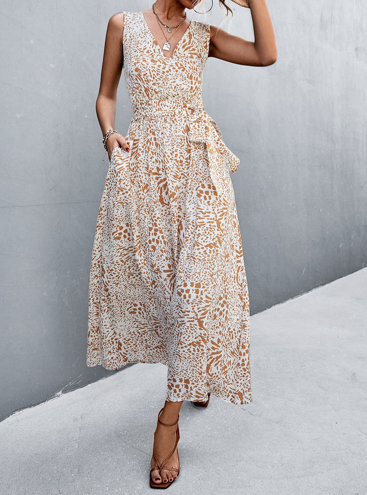 Printed V-Neck Tie Waist Maxi Dress - Cheeky Chic Boutique