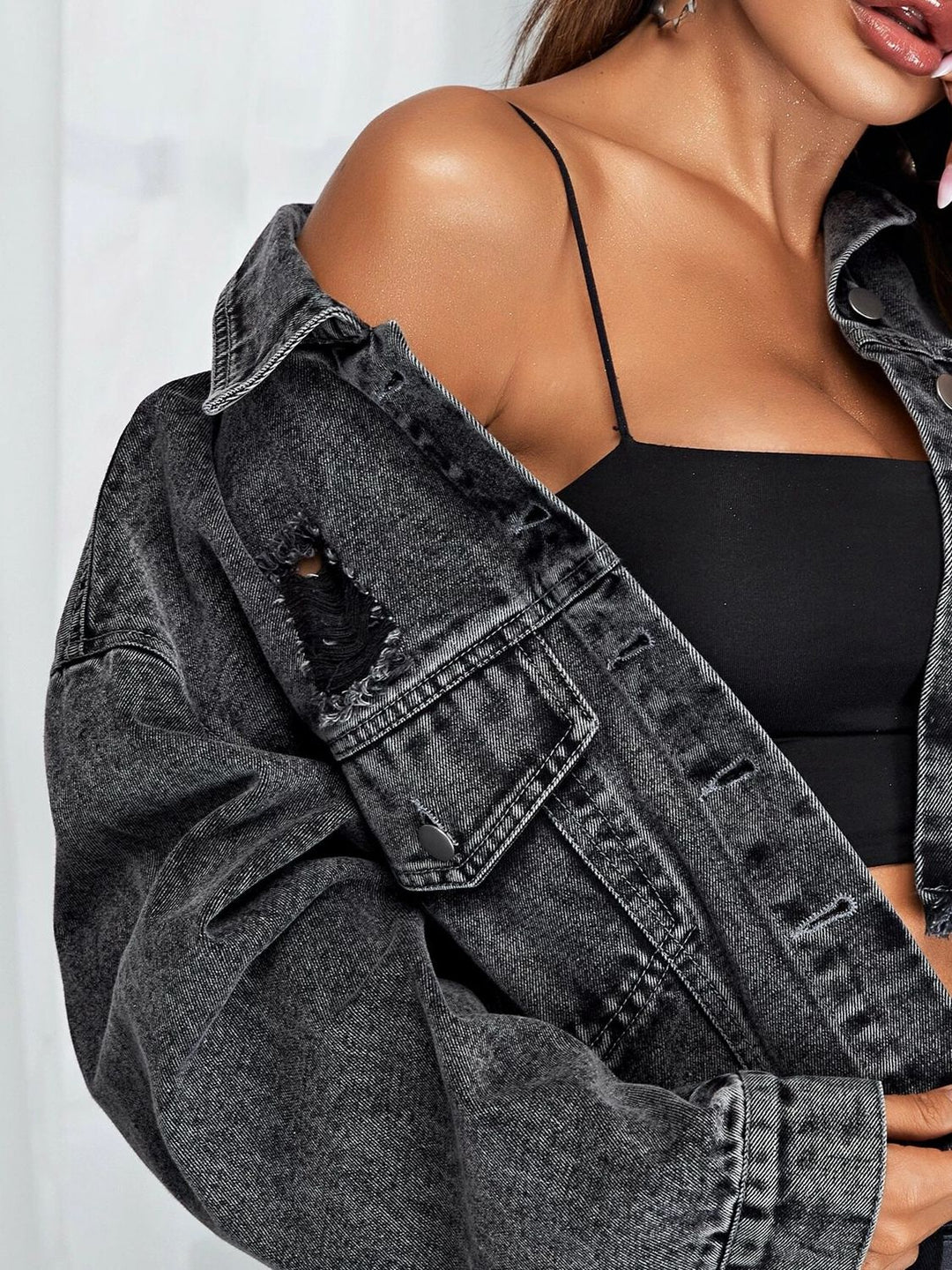 Dropped Shoulder Collared Neck Denim Jacket - Cheeky Chic Boutique