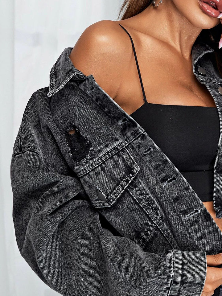 Dropped Shoulder Collared Neck Denim Jacket - Cheeky Chic Boutique