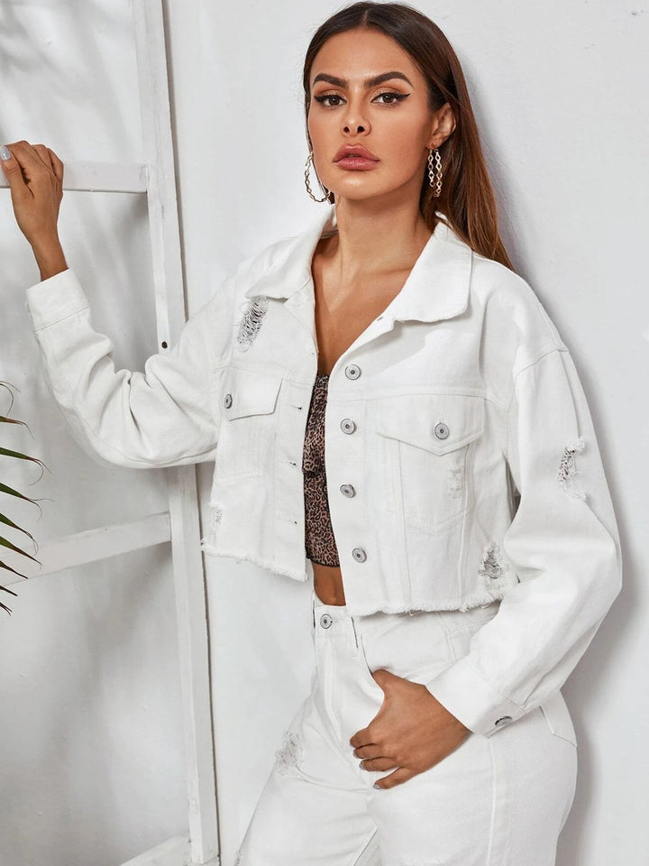 Dropped Shoulder Collared Neck Denim Jacket - Cheeky Chic Boutique