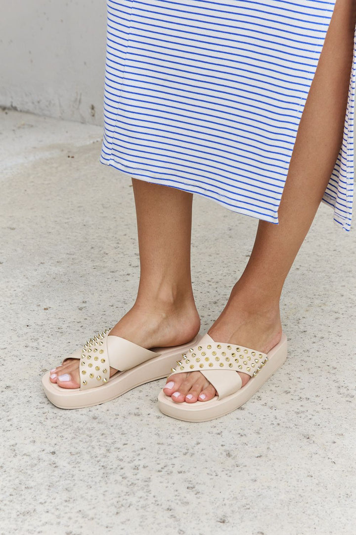 Forever Link Studded Cross Strap Sandals in Cream - Cheeky Chic Boutique