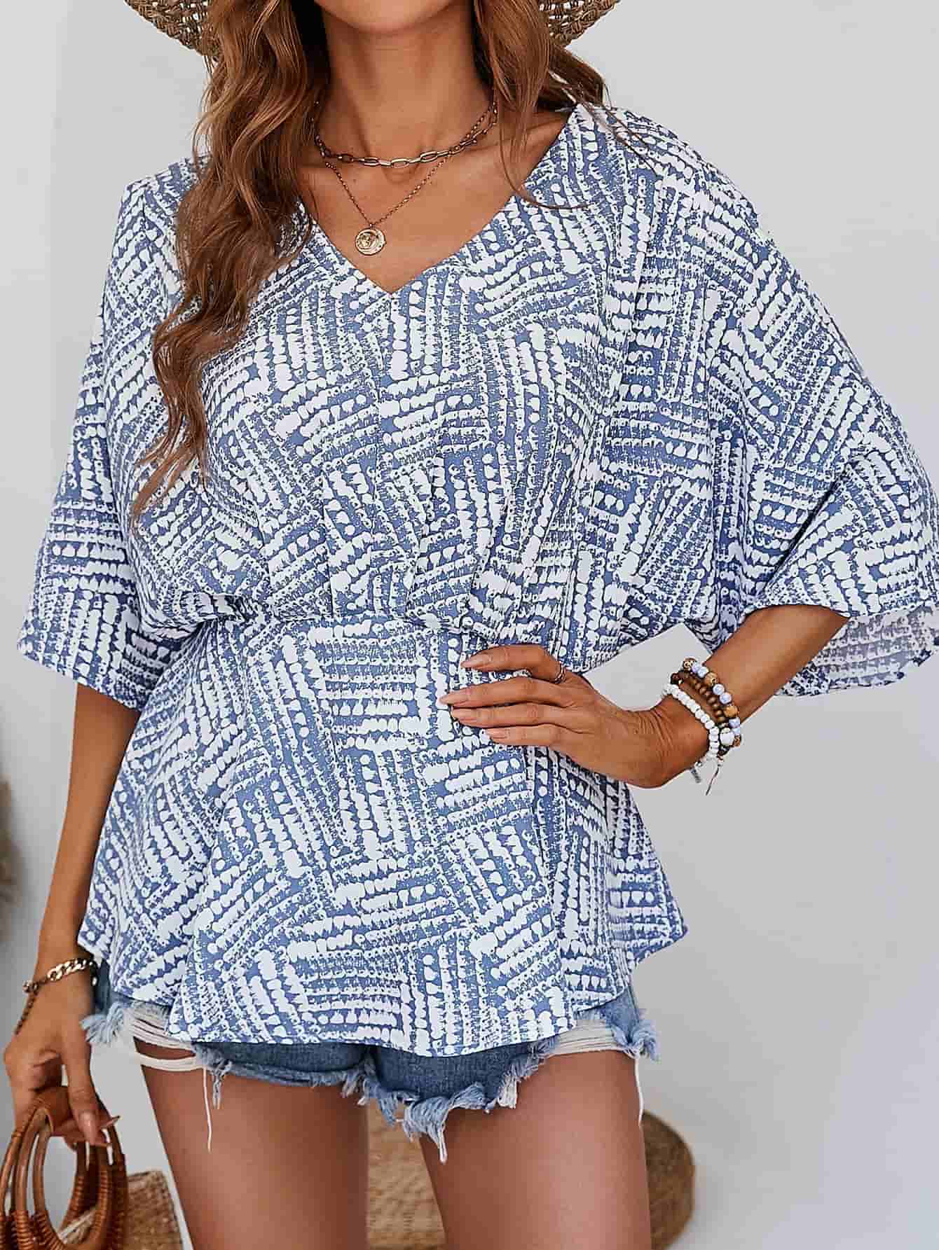 Printed V-Neck Dolman Sleeve Blouse - Cheeky Chic Boutique