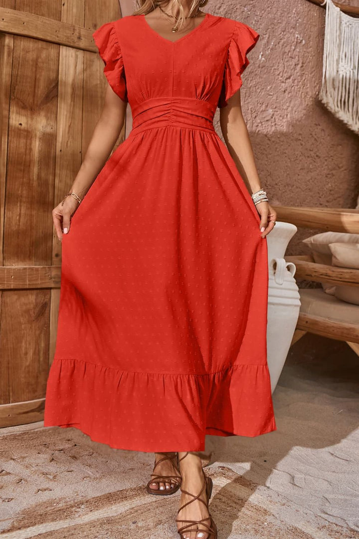 Swiss Dot V-Neck Flutter Sleeve Dress - Cheeky Chic Boutique