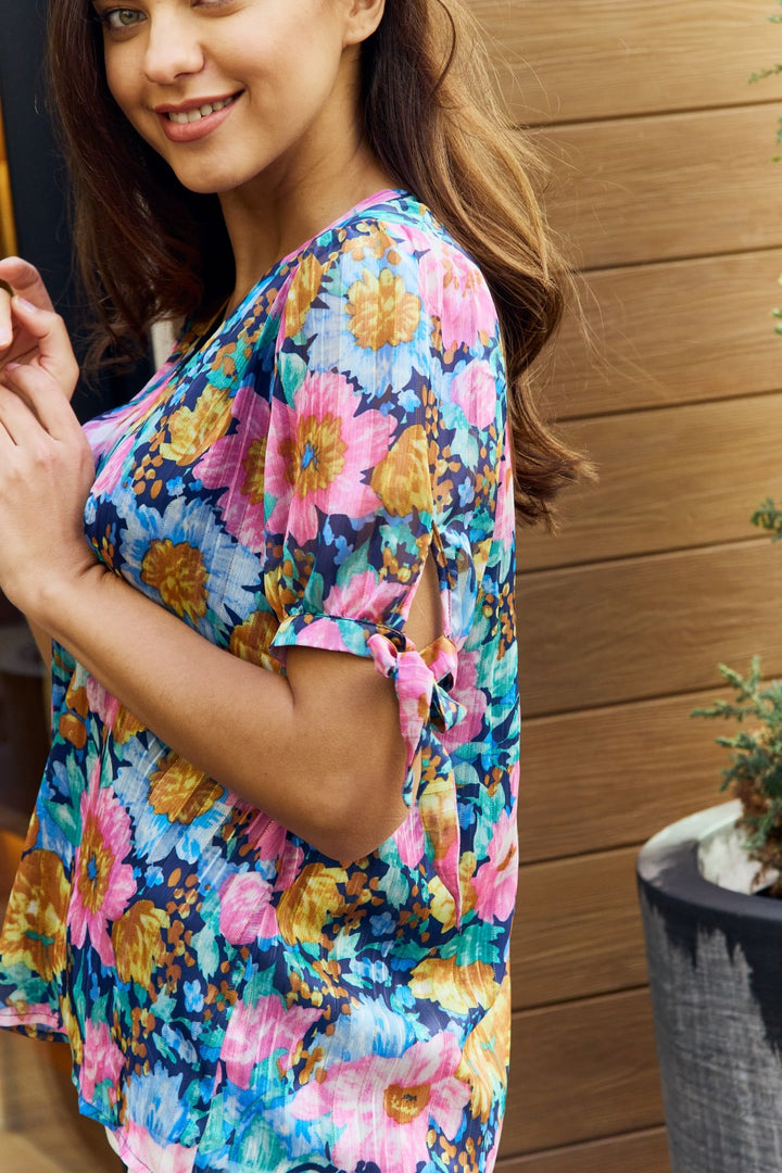 Petal Dew Full Size Floral V-Neck Tie Detail Blouse - Cheeky Chic Boutique