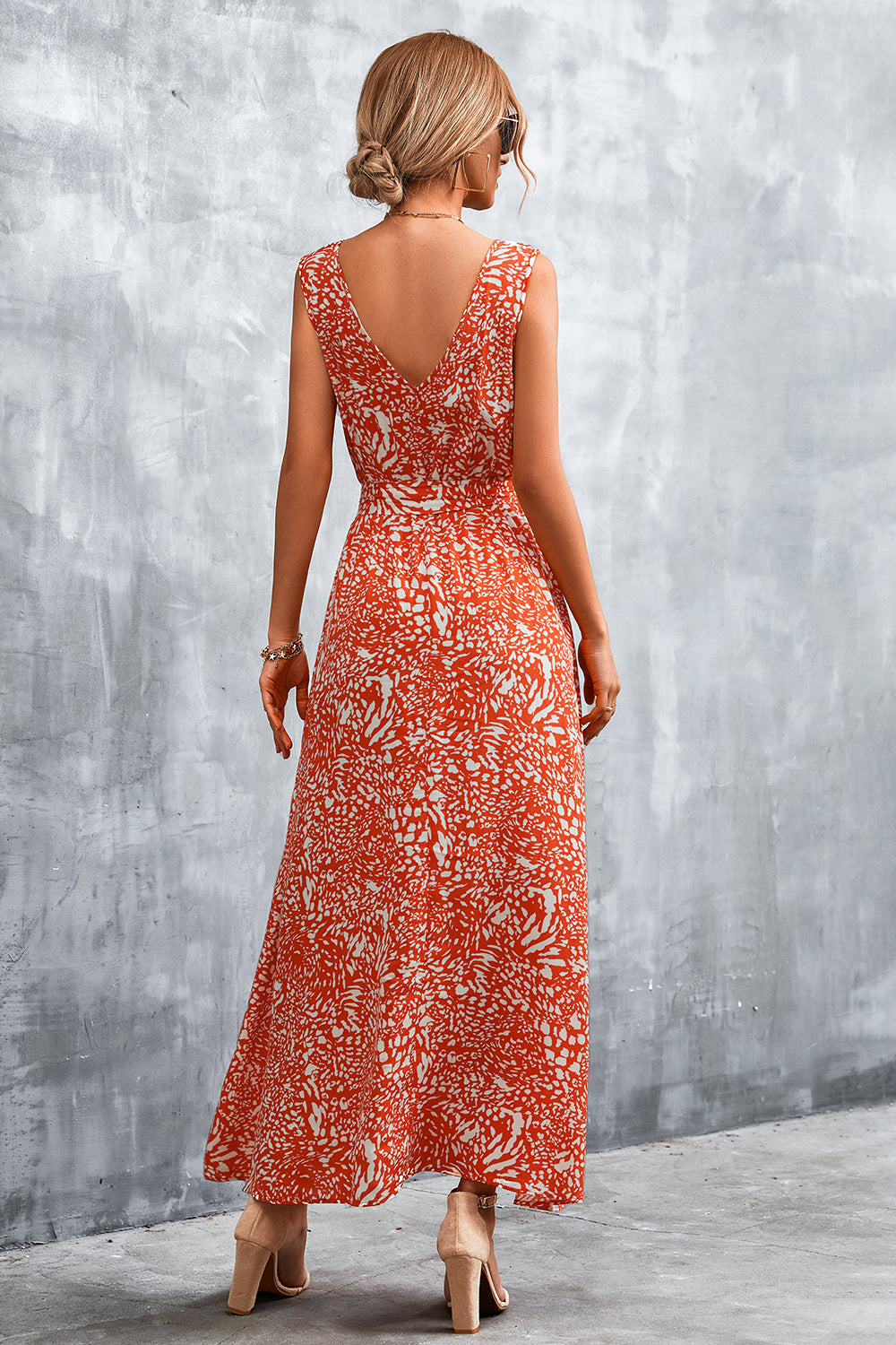 Printed V-Neck Tie Waist Maxi Dress - Cheeky Chic Boutique