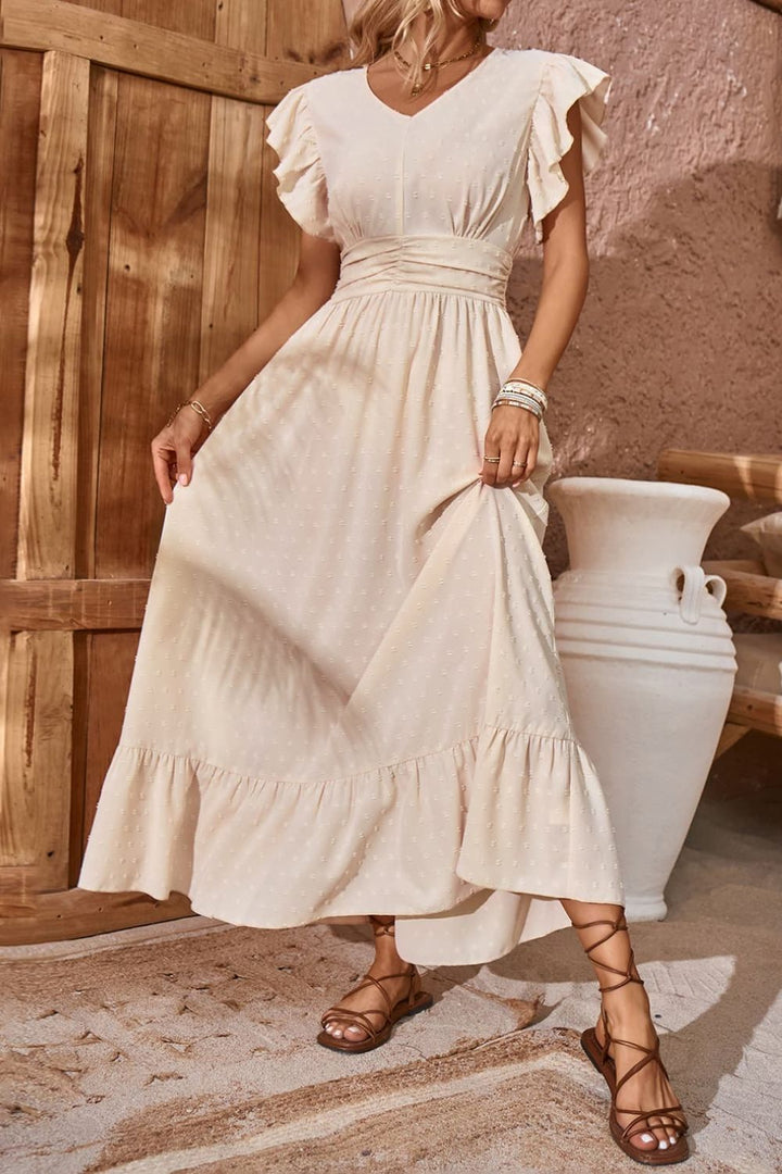 Swiss Dot V-Neck Flutter Sleeve Dress - Cheeky Chic Boutique
