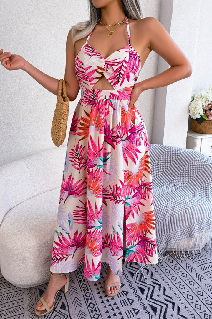 PRE-ORDER Botanical Print Tied Backless Cutout Slit Dress - Cheeky Chic Boutique