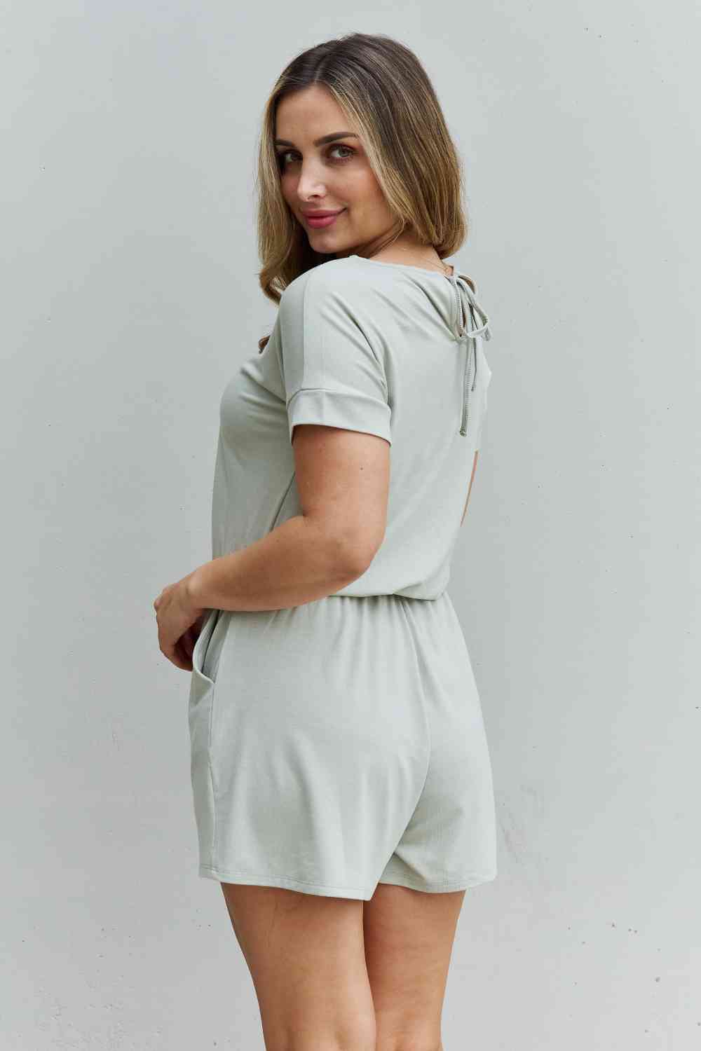 Zenana Chilled Out Full Size Short Sleeve Romper in Light Sage - Cheeky Chic Boutique