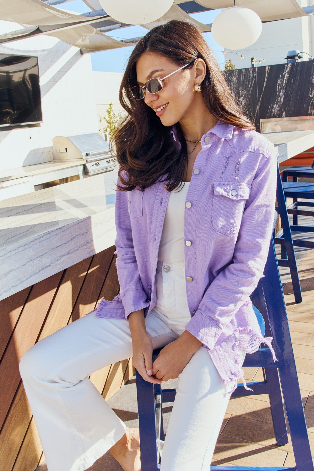 American Bazi Full Size Distressed Button Down Denim Jacket in Lavender - Cheeky Chic Boutique