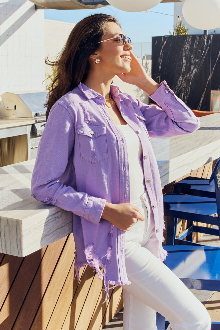American Bazi Full Size Distressed Button Down Denim Jacket in Lavender - Cheeky Chic Boutique