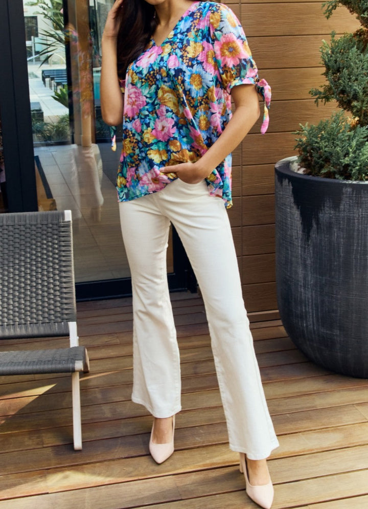 Petal Dew Full Size Floral V-Neck Tie Detail Blouse - Cheeky Chic Boutique
