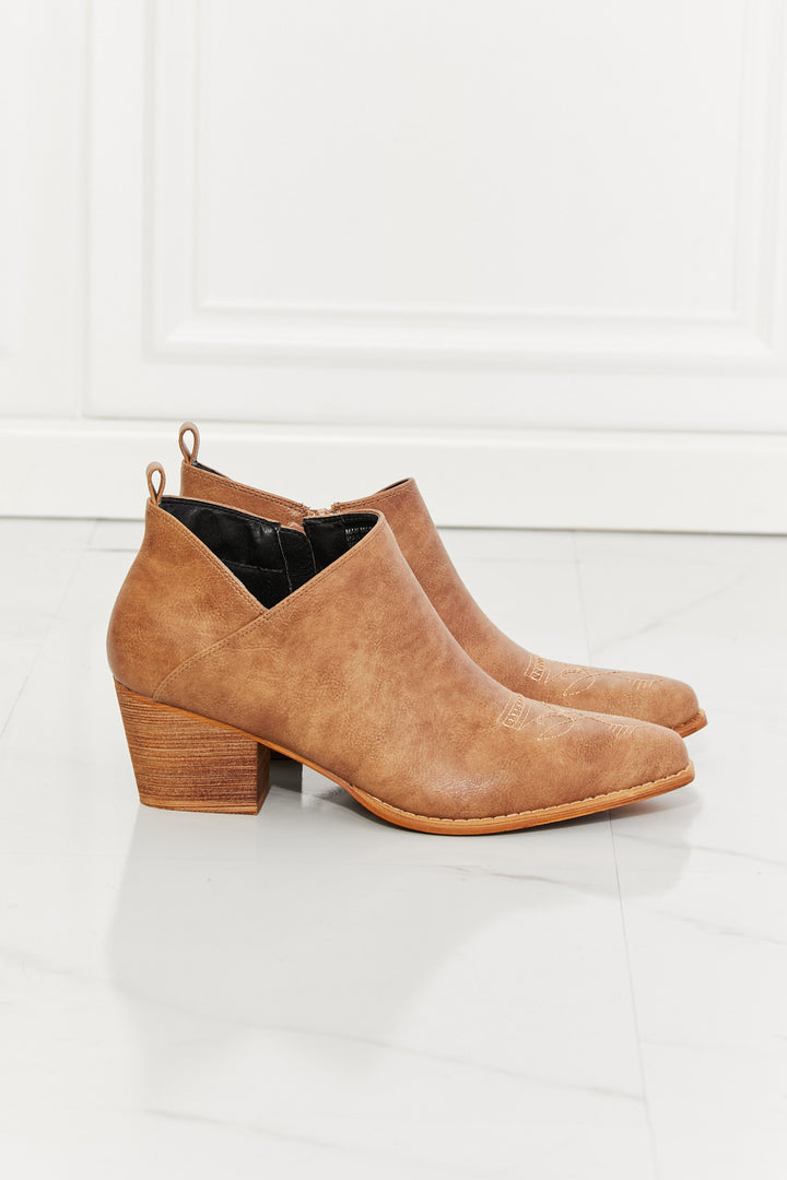 MMShoes Trust Yourself Embroidered Crossover Cowboy Bootie in Caramel - Cheeky Chic Boutique