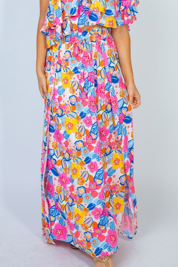 White Birch Sunshine & Blossoms Full Size Floral Smocked Maxi Skirt - Cheeky Chic Boutique
