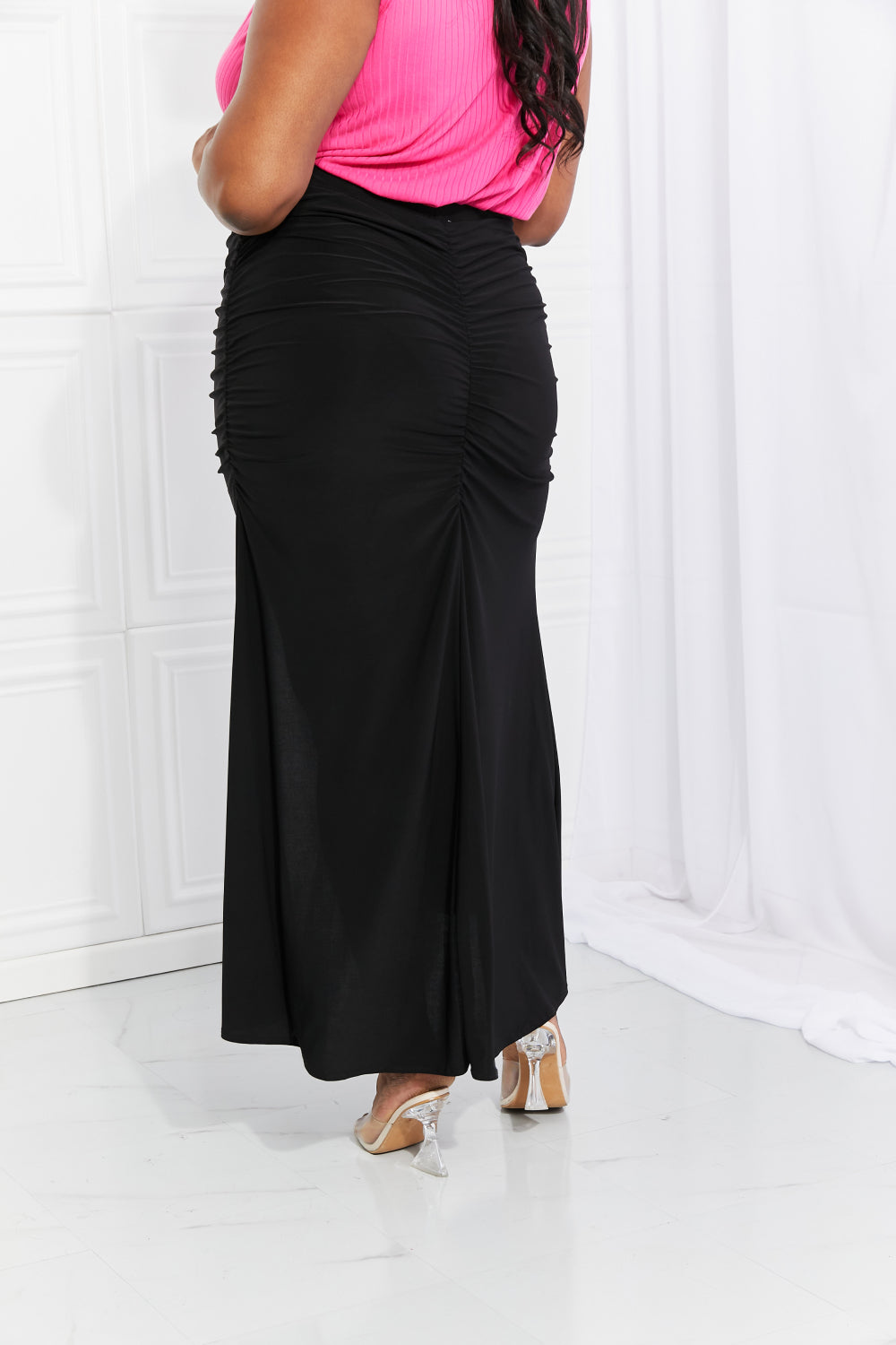 White Birch Full Size Up and Up Ruched Slit Maxi Skirt in Black - Cheeky Chic Boutique