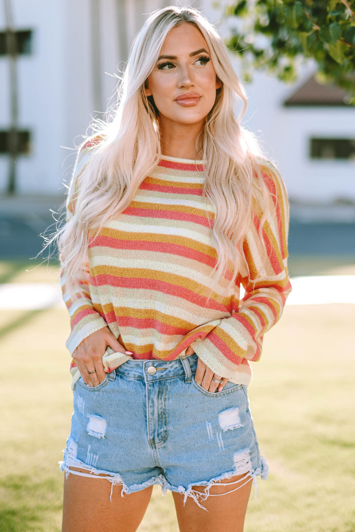 Striped Round Neck Dropped Shoulder Pullover Sweater - Cheeky Chic Boutique