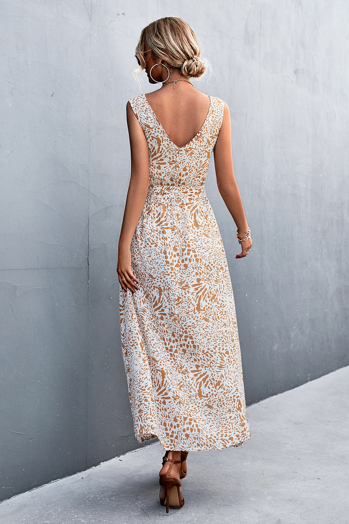Printed V-Neck Tie Waist Maxi Dress - Cheeky Chic Boutique