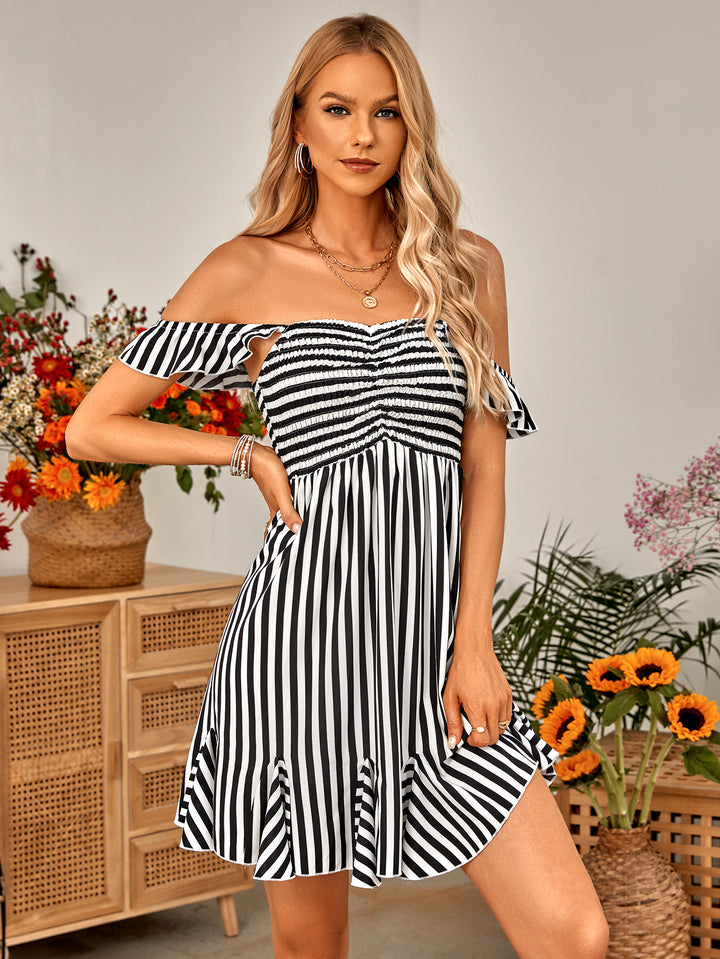 Striped Smocked Ruffle-Shoulder Sleeveless Dress - Cheeky Chic Boutique