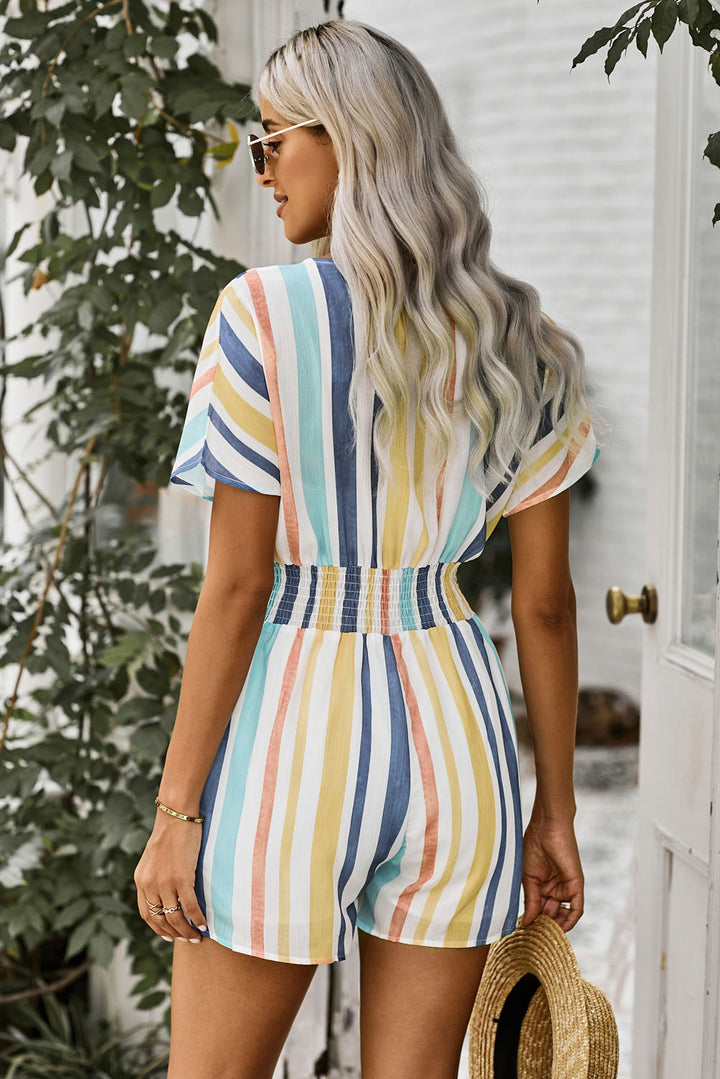 PRE-ORDER Multicolored Stripe V-Neck Smocked Waist Romper - Cheeky Chic Boutique