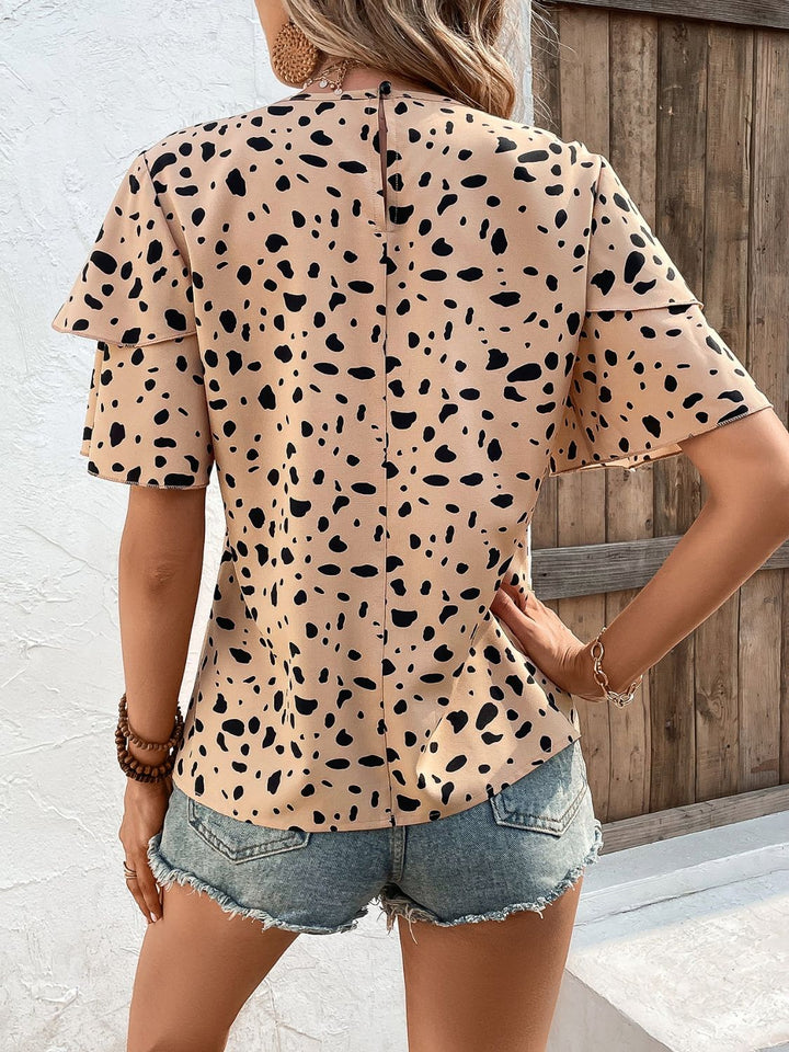 Printed Round Neck Layered Sleeve Blouse - Cheeky Chic Boutique