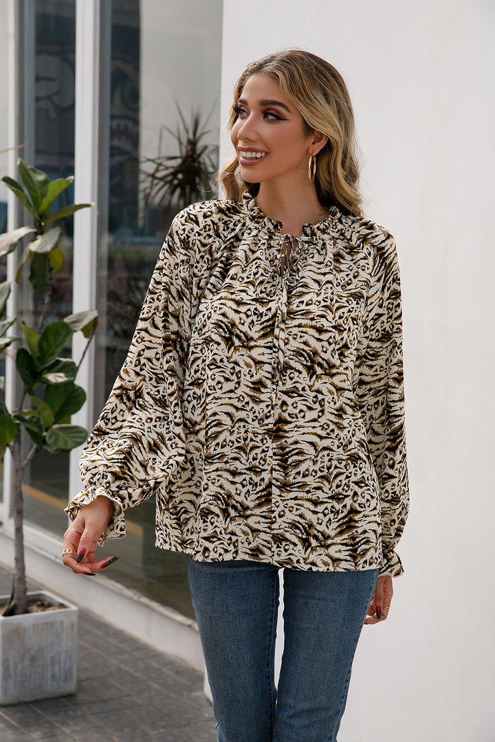 Printed Tie Neck Frill Trim Flounce Sleeve Blouse - Cheeky Chic Boutique