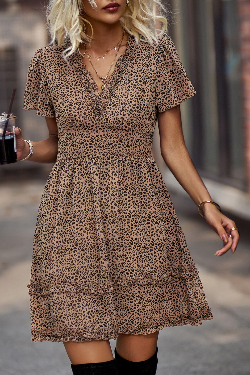 Printed Flutter Sleeve V-Neck Dress - Cheeky Chic Boutique