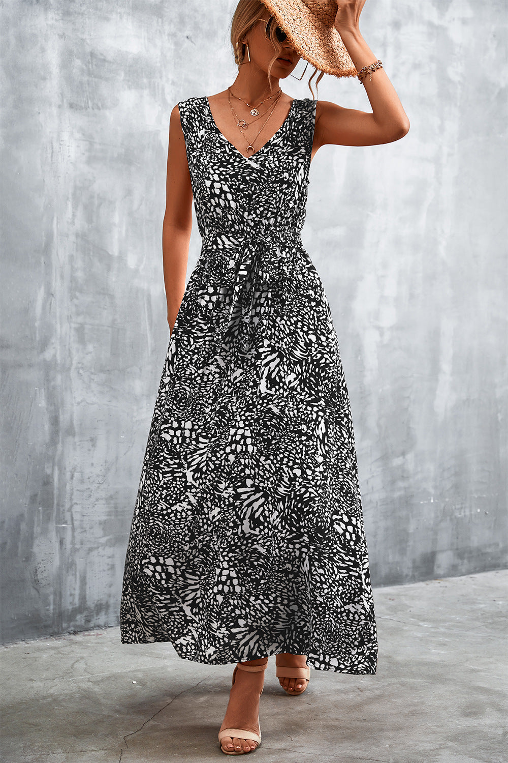Printed V-Neck Tie Waist Maxi Dress - Cheeky Chic Boutique