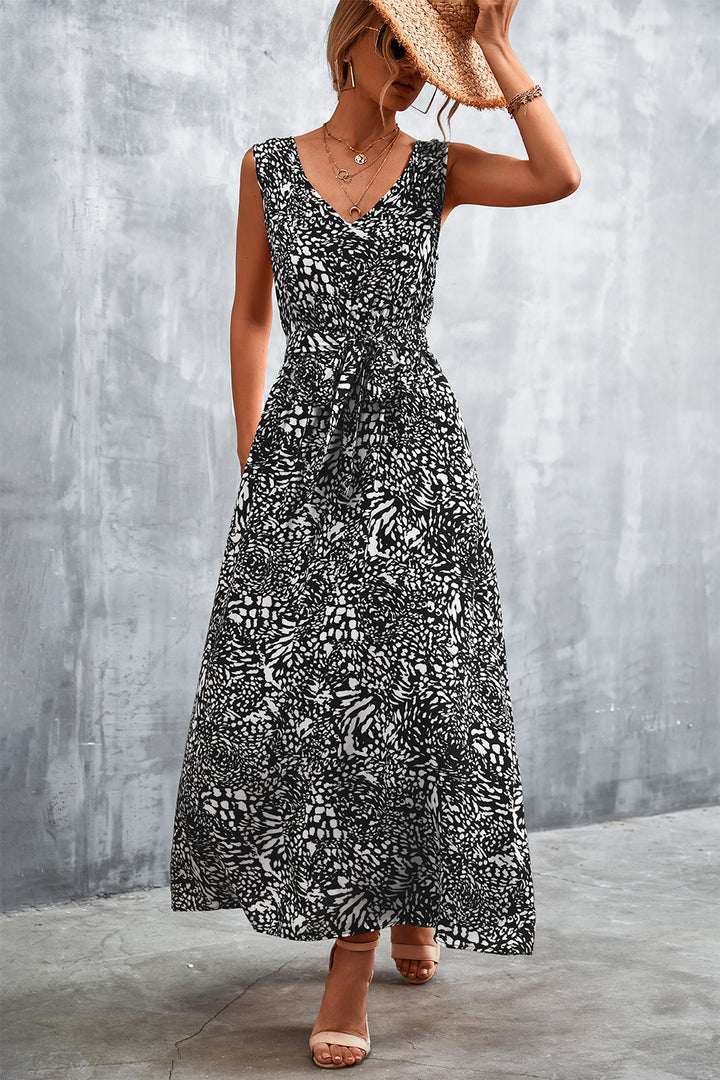 Printed V-Neck Tie Waist Maxi Dress - Cheeky Chic Boutique