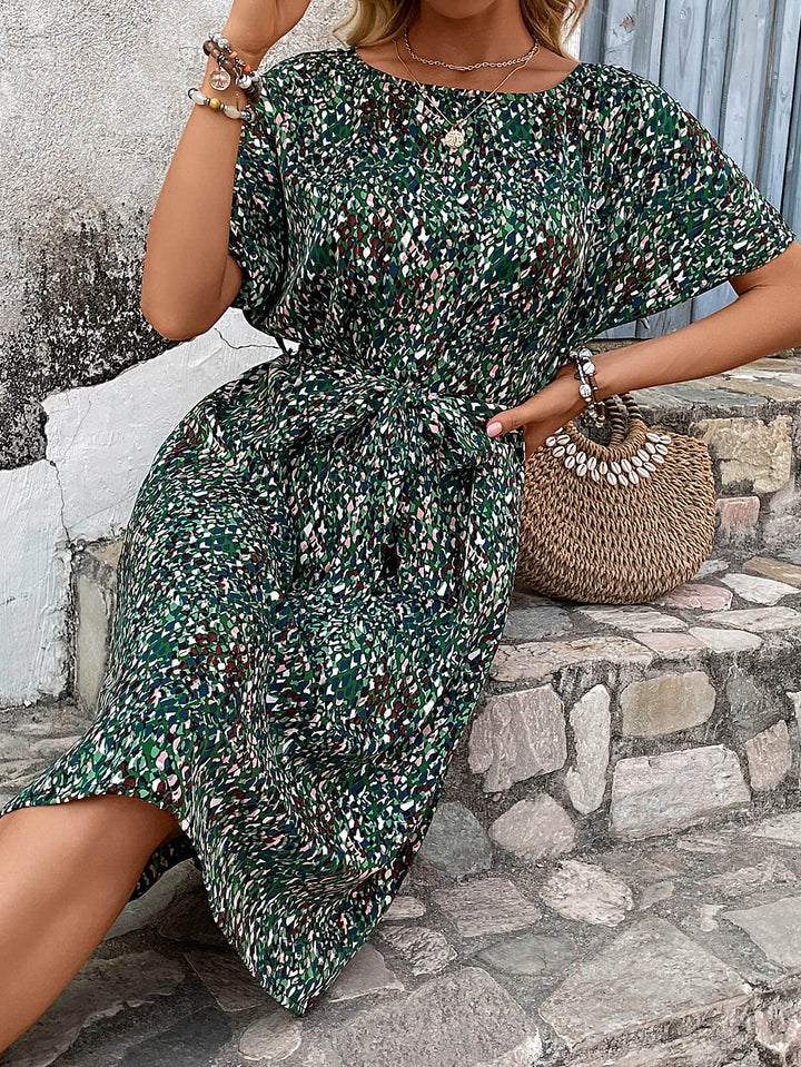 Printed Tie Belt Round Neck Dress - Cheeky Chic Boutique