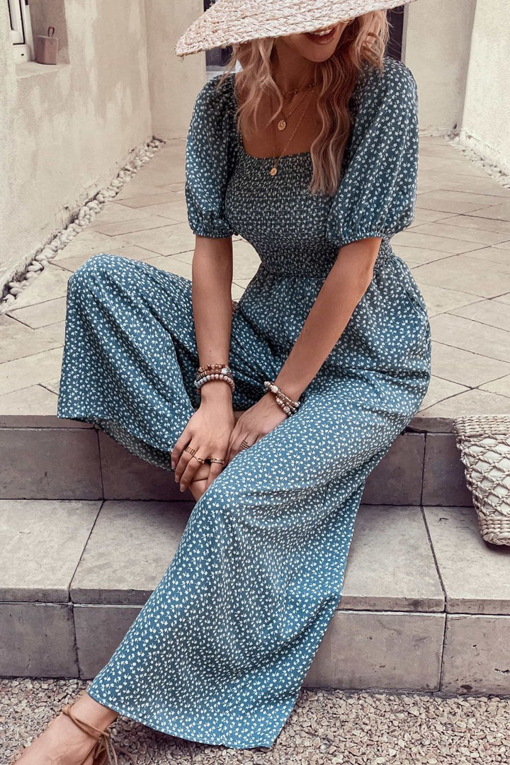 Printed Square Neck Jumpsuit with Pockets - Cheeky Chic Boutique