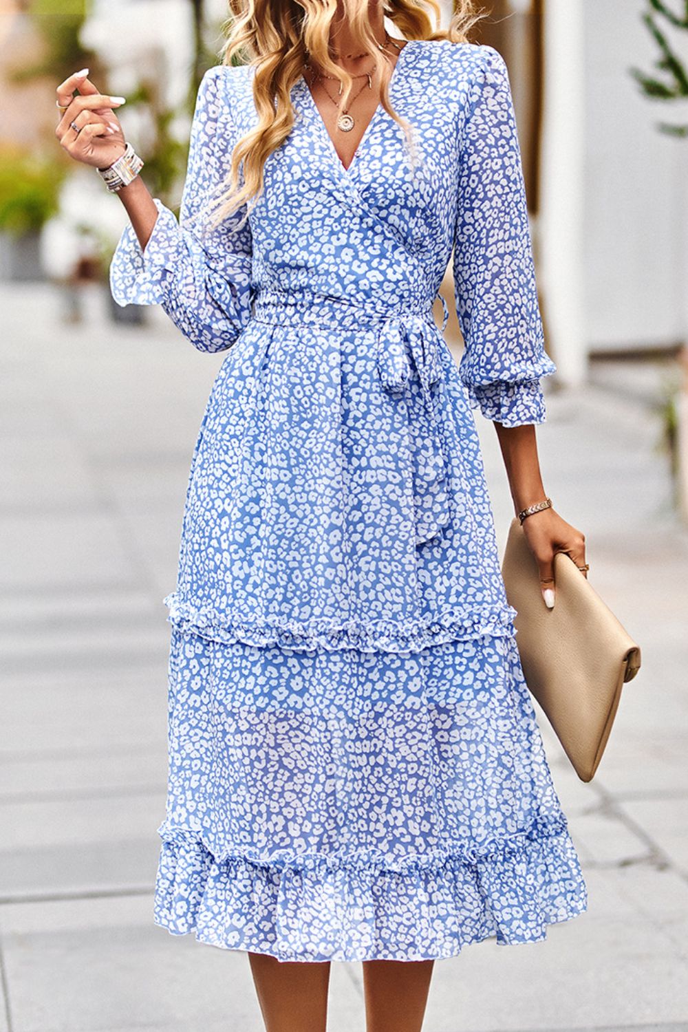 PRE-ORDER Leopard Surplice Tie Belt Slit Dress - Cheeky Chic Boutique