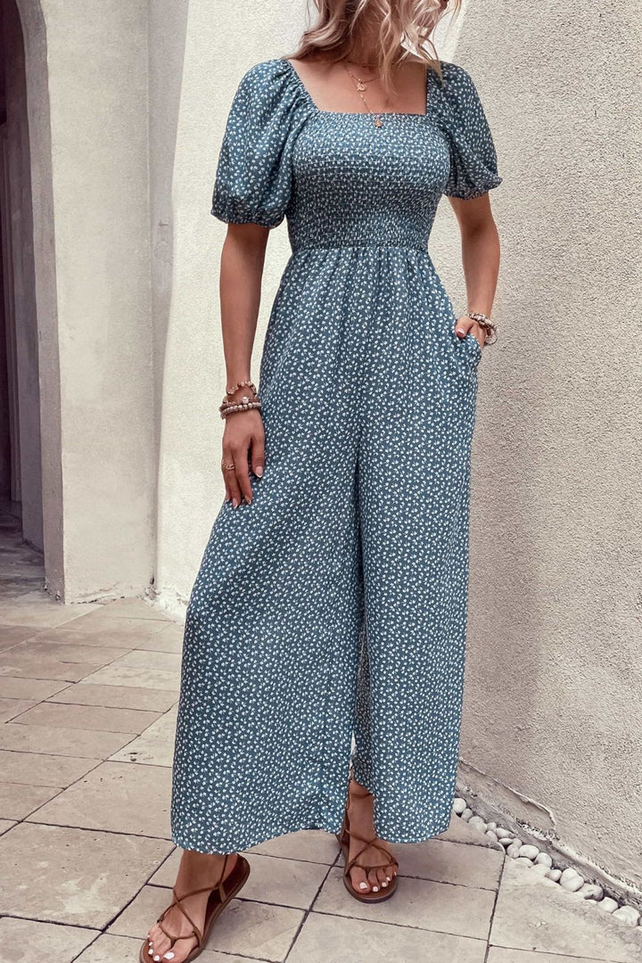 Printed Square Neck Jumpsuit with Pockets - Cheeky Chic Boutique