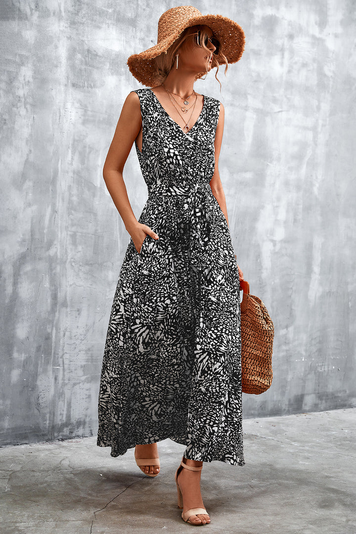Printed V-Neck Tie Waist Maxi Dress - Cheeky Chic Boutique