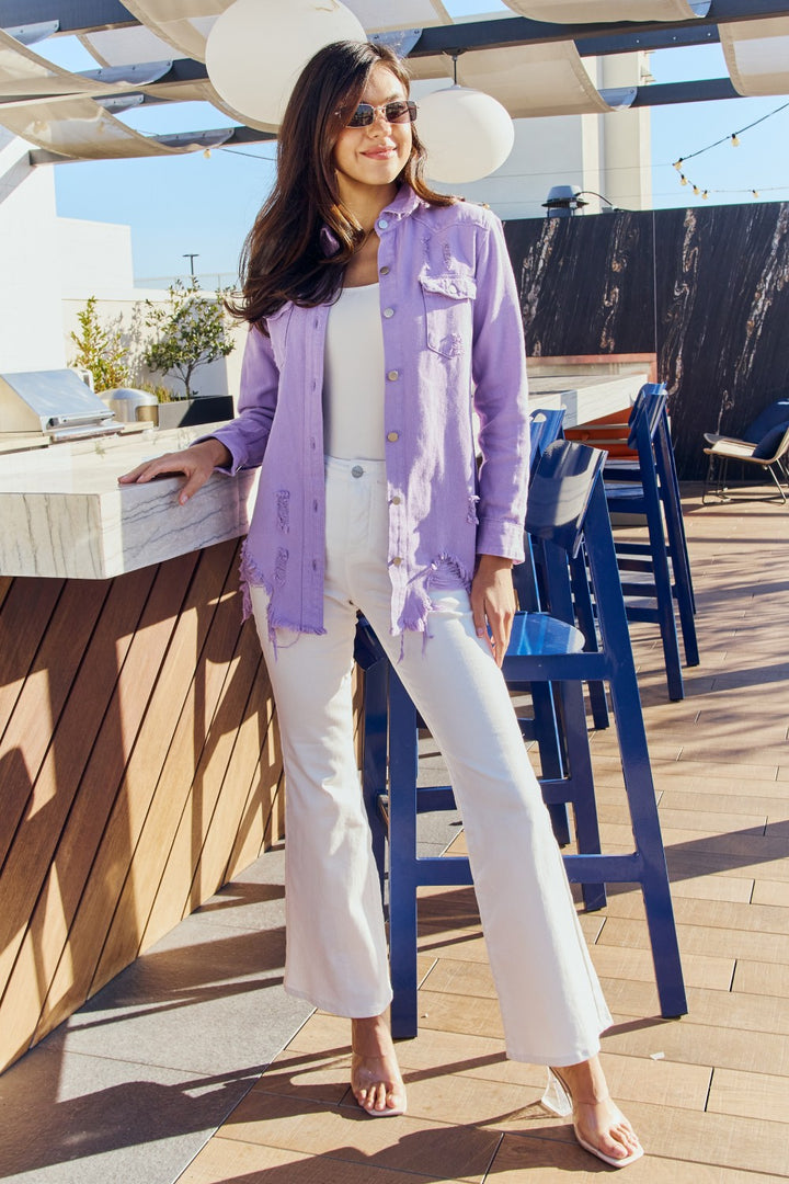 American Bazi Full Size Distressed Button Down Denim Jacket in Lavender - Cheeky Chic Boutique