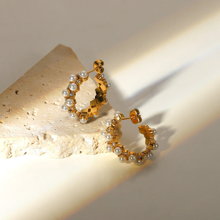 Pearl Rhinestone C-Hoop Earrings - Cheeky Chic Boutique