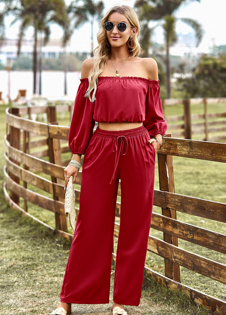 Off-Shoulder Blouse and Drawstring Waist Pants Set - Cheeky Chic Boutique