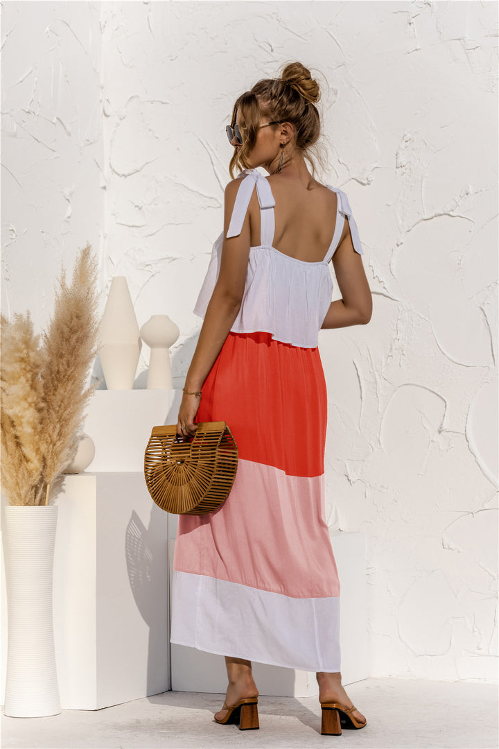 PRE-ORDER Color Block Tie Shoulder Tiered Sleeveless Dress - Cheeky Chic Boutique