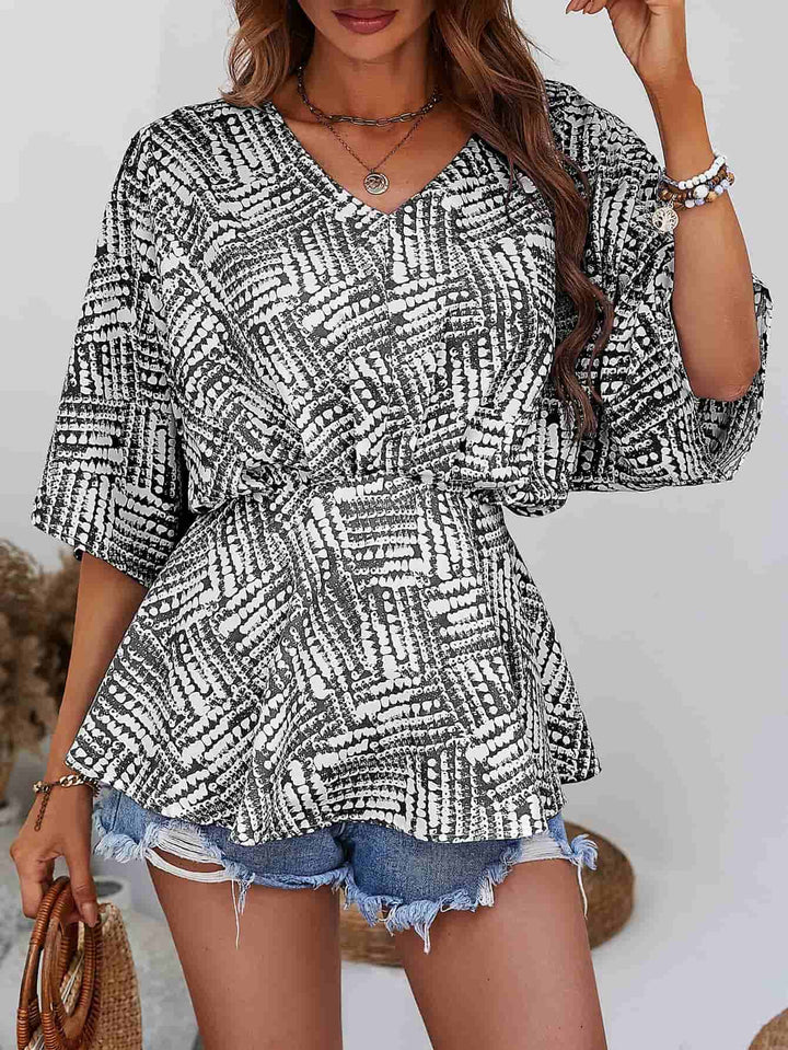 Printed V-Neck Dolman Sleeve Blouse - Cheeky Chic Boutique