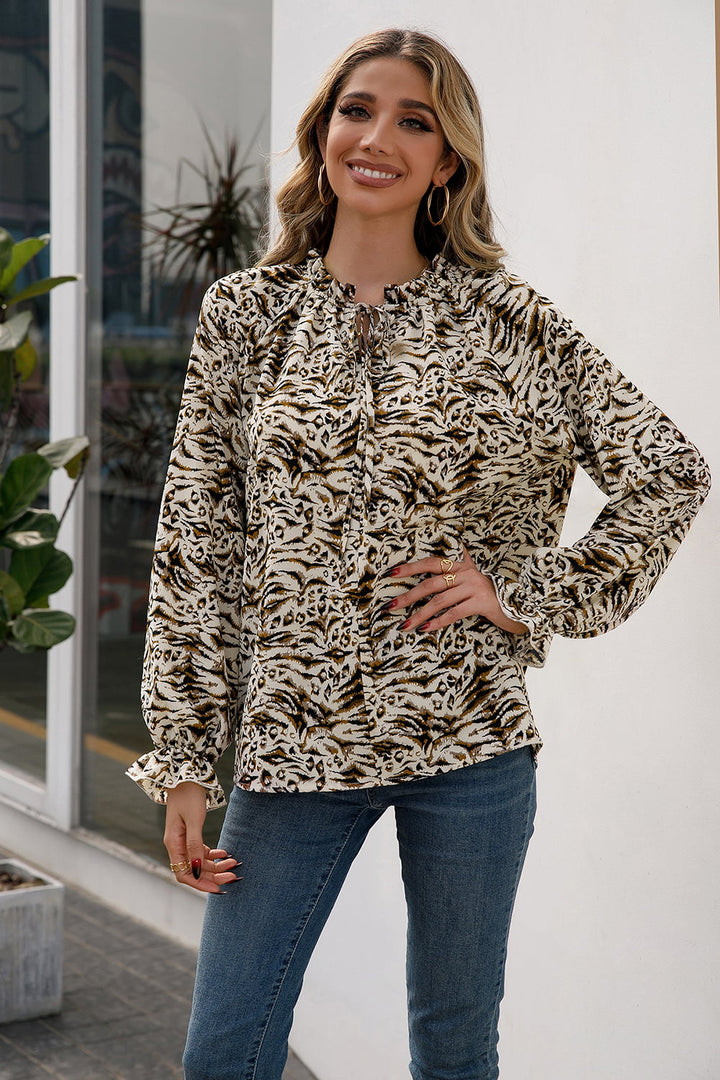 Printed Tie Neck Frill Trim Flounce Sleeve Blouse - Cheeky Chic Boutique