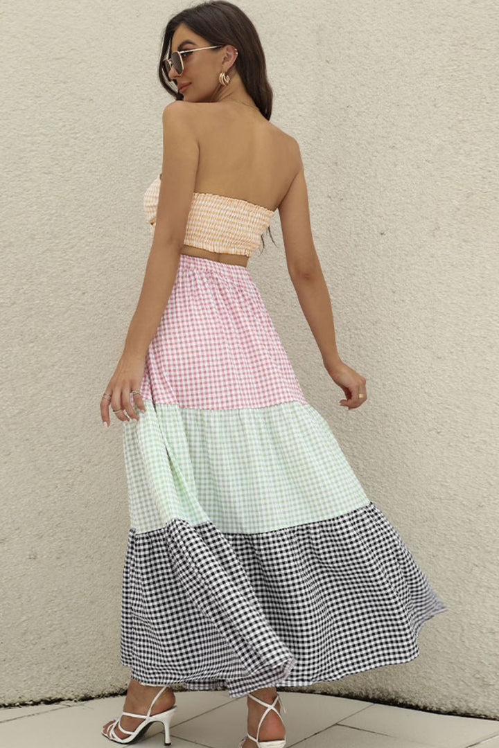 Picnics in Paradise Plaid Strapless Top and Tiered Skirt Set - Cheeky Chic Boutique