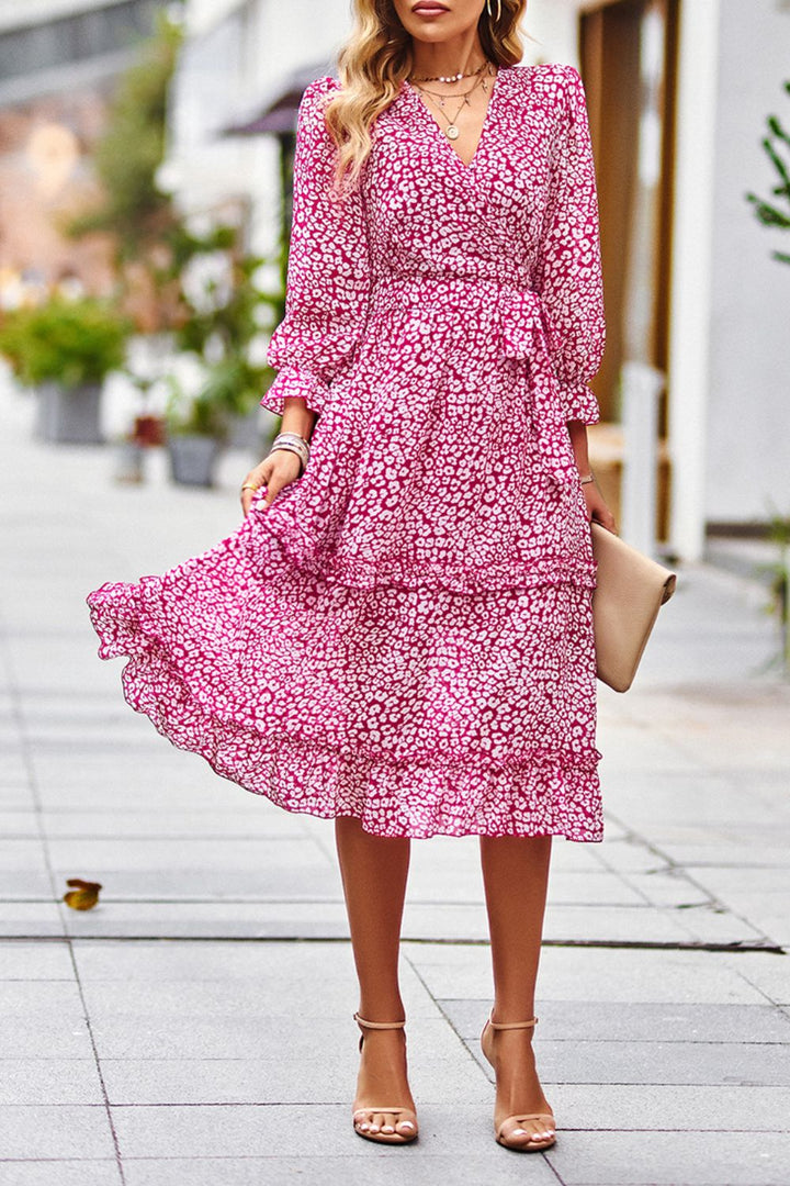 PRE-ORDER Leopard Surplice Tie Belt Slit Dress - Cheeky Chic Boutique