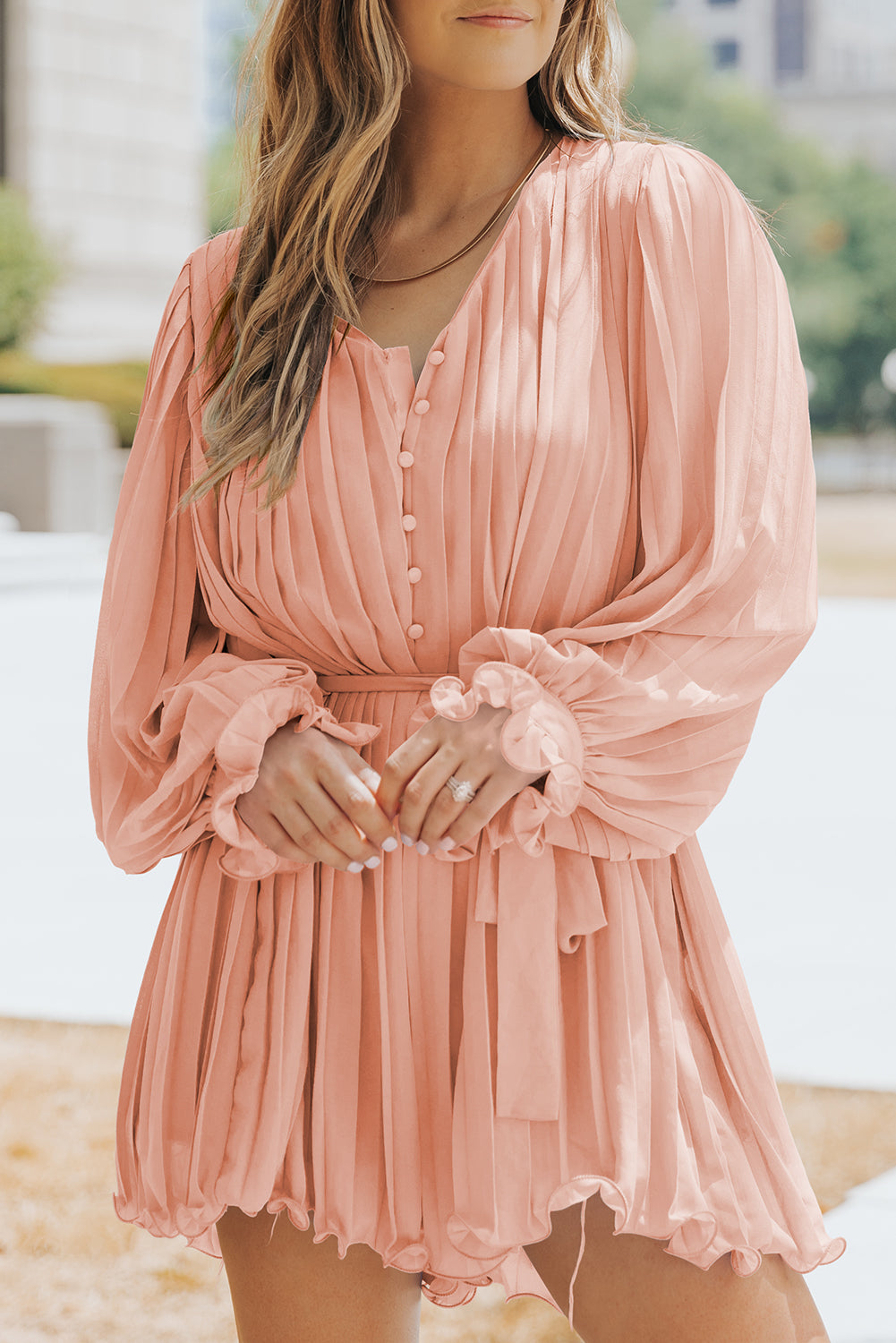 PRE-ORDER Pleated Button Front Flounce Sleeve Romper - Cheeky Chic Boutique