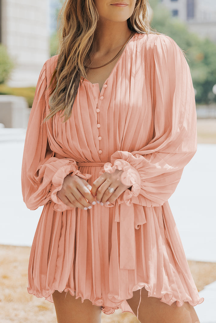 PRE-ORDER Pleated Button Front Flounce Sleeve Romper - Cheeky Chic Boutique