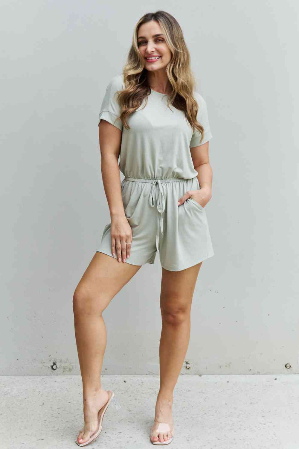 Zenana Chilled Out Full Size Short Sleeve Romper in Light Sage - Cheeky Chic Boutique