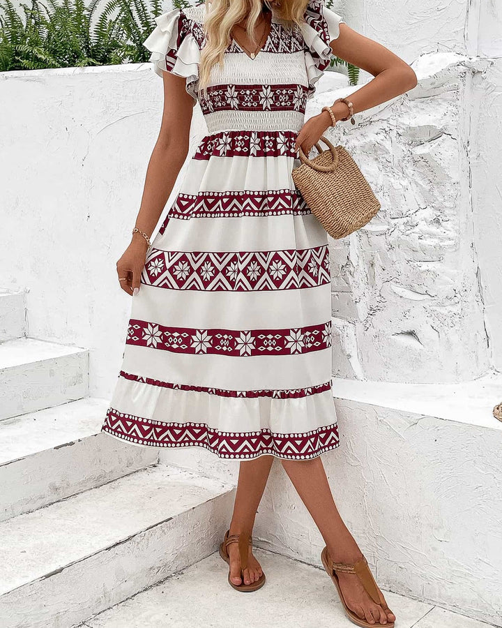 Printed V-Neck Smocked Flutter Sleeve Dress - Cheeky Chic Boutique
